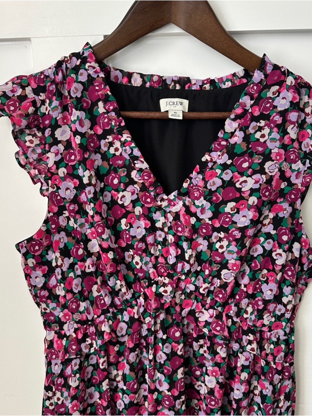 J. Crew Pink Floral V-Neck Ruffle Midi Dress